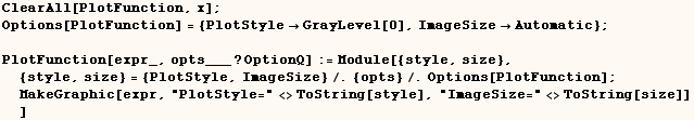 ClearAll[PlotFunction, x] ;    Options[PlotFunction] = {PlotStyleGrayLevel[0], Ima ... ;PlotStyle="<>ToString[style], "ImageSize="<>ToString[size]] ] 