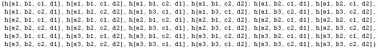 {h[a1, b1, c1, d1], h[a1, b1, c1, d2], h[a1, b1, c2, d1], h[a1, b1, c2, d2], h[a1, b2, c1, d1] ... 1], h[a3, b2, c2, d2], h[a3, b3, c1, d1], h[a3, b3, c1, d2], h[a3, b3, c2, d1], h[a3, b3, c2, d2]}