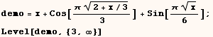 demo = x + Cos[(π (2 + x/3)^(1/2))/3] + Sin[(πx^(1/2))/6] ;  Level[demo, {3, ∞}] 