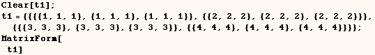 Clear[t1] ;  t1 = {{{{1, 1, 1}, {1, 1, 1}, {1, 1, 1}}, {{2, 2, 2}, {2, 2, 2}, {2, 2, 2 ... {{{3, 3, 3}, {3, 3, 3}, {3, 3, 3}}, {{4, 4, 4}, {4, 4, 4}, {4, 4, 4}}}} ;  MatrixForm[t1] 