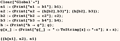 Clear["Global`*"]    a1 := (Print["a1  b1"] ; b1) ;    a2  ... 4; "<>ToString[x] <>"+z"] ; x + z) ;     {{h[a1], a2}, a1} 