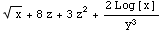 x^(1/2) + 8 z + 3 z^2 + (2 Log[x])/y^3