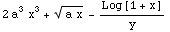 2 a^3 x^3 + (a x)^(1/2) - Log[1 + x]/y
